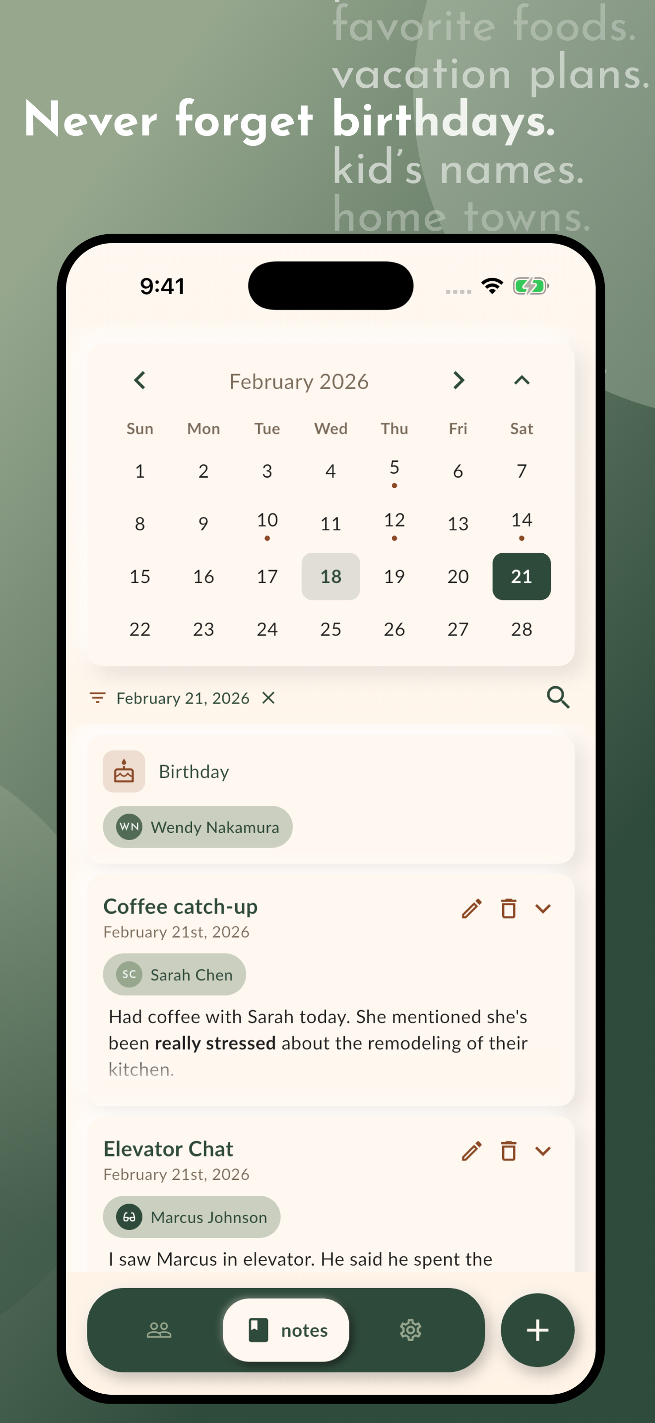 Never forget birthdays — calendar view with notes timeline